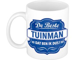 De beste tuinman cadeau koffiemok / theebeker wit met blauw embleem - 300 ml - keramiek - cadeaumok tuinman / hovenier / tuinier
