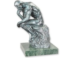 De Denker - Bronzen Beeld - Kunst Sculptuur - Rodin Kunstwerk - Groen Brons - Marmer Sokkel - Woondecoratie - 28x20x37