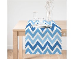 De Groen Home Bedrukt Velvet textiel Tafelloper - Blauwe Zigzag - Runner 45x135 - Tafel decoratie woonkamer - Tafellaken - Tafelkleed - Kleed