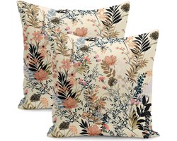 De Groen Home BLOEM - 45x45 cm - Sierkussen velvet set van 2 - Bloemen op Beige Crème - Inclusief binnenkussen