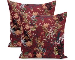 De Groen Home BLOEM - 45x45 cm - Sierkussen velvet set van 2 - Bloemen op bordeaux - Inclusief binnenkussen