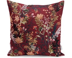 De Groen Home FLORA - Kussenhoes - 70x70 cm - Bloemen op bordeaux -Kussenloop - Kussenhoes