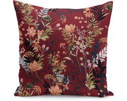 De Groen Home FLORA - Velvet Kussenhoes - 45x45 cm - Bloemen op bordeaux - Sierkussenhoes -Kussenloop