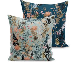 De Groen Home FLORA - Velvet kussenhoes set van 2 - 45x45 cm - Lichtblauw & Donkerblauw - Aan beide zijden bedrukt