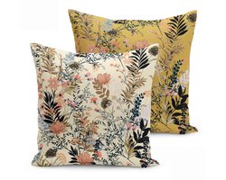 De Groen Home FLORA - Velvet Kussenhoes set van 2 - 50x50 cm - Bloemen op Beige Crème & Geel - Aan beide zijdig bedrukt