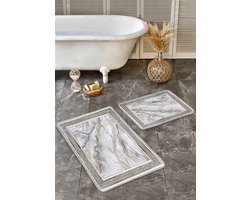 De Groen Home NATURA Badmat antislip 2 stuk set - Badmatten 60x100 & 50x60 - Wc mat - Douchemat - Marmerpatroon - Badkamermat