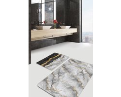 De Groen Home NATURA Badmat antislip 2 stuk set - Badmatten 60x100 en 50x60 - Fluweelzacht Wc mat - Toiletmat - Marmeren Patroon - Douchemat