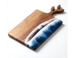 De Groen Home Snijplank van Massief Walnotenhout - Handgemaakt ocean-design met epoxy - Met olijftakmotief handgreep
