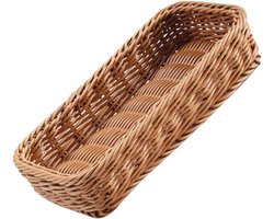 De rieten mand, die lijkt op servies en keukengerei, is stevig en duurzaam, bruin van kleur en Geschikt voor keukens en eetkamers.