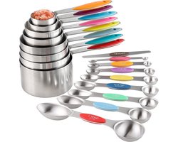 De roestvrijstalen maatbeker- en lepelset bevat 8 stapelbare maatbekers, 8 dubbelzijdige magnetische maatlepels en 1 waterpas. Geschikt als keukengereedschap Geschikt voor bakken - in verschillende kleuren.