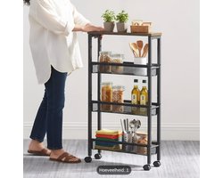 De rolwagen is het perfecte meubelstuk voor de badkamer of keuken om zelfs in kleine nissen en hoeken handige opbergruimte te creëren. Met 4 niveaus biedt het smalle schuifrek genoeg plek voor badspullen