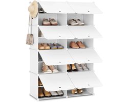 De Warenloods - Schoenenkast - 8 compartimenten - Schoenenrek - Opbergsysteem - voor hal woonkamer slaapkamer - Schoenen Organizer - 24 paar schoenen - Wit - 144x94x36.5cm