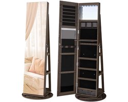 De Warenloods - Sieradenkast met Spiegel - Sieraden Organizer - Passpiegel Staand - Spiegel Kast - 3 planken - Met LED verlichting - 360 ° roterend - 155x34.5 cm - Bruin