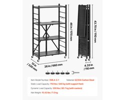 De Warenloods - Stellingkast - Metalen Rek - 4 planken - Opvouwbaar Opbergrek - Inklapbaar Opslag rek - Met zwenkwielen - Stalen frame - Zwart - 33×66×116,8 cm