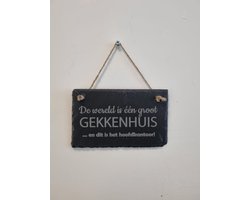 De wereld is een groot gekkenhuis - muurdecoratie leisteen - 18x11 cm