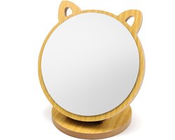 DEANKEJI Folding Mirror, Adjustable Angle, Cosmetic Mirror, Cat Ear Shape, Children's Mirror, Table Mirror with Wooden Base for Bedroom, Living Room, Bathroom