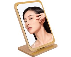 DEANKEJI Standing Table Mirror, Wooden Makeup Mirror, Adjustable Corner Mirror for Standing, Table Mirror with Wooden Pedestal for Bedroom, Bathroom, Office, School