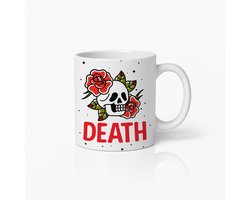 Death Schedel en Rozen Mok – 330 ml Gotische Koffiebeker – Stoer Tattoo Ontwerp – Uniek Cadeau voor Rock-, Punk- en Dark Art Liefhebbers