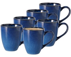 Deco by Boltze Koffiemokken Azura - 6x stuks - Keramiek - blauw glazuur - 340 ml - 9 x 10 cm - thee beker