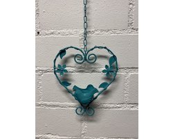 Deco-hanger met theelichthouder hart + vogel - blauw - metaal - lengte 50 x 15 x 5 cm - Woonaccessoires - Decoratieve hangers