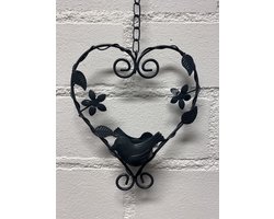Deco-hanger met theelichthouder hart + vogel - grijs - metaal - lengte 50 x 15 x 5 cm - Woonaccessoires - Decoratieve hangers