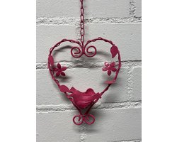 Deco-hanger met theelichthouder hart + vogel - roze - metaal - lengte 50 x 15 x 5 cm - Woonaccessoires - Decoratieve hangers