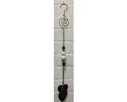 Deco houder "uil + hartjes" met metalen ketting - Bruine ketting & keramieke uil en rode glazen balletjes - lengte 72 cm - Woondecoratie - Woonaccessoires
