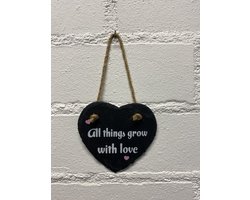 Deco leisteen met ophangkoordje - hart - All things grow with Love - 10x10 cm - Woonaccessoires