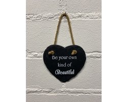Deco leisteen met ophangkoordje - hart - Be your own kind of beautiful - 10x10 cm - Woonaccessoires