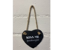 Deco leisteen met ophangkoordje - hart - Kiss me goodnight - 10x10 cm - Woonaccessoires