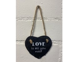 Deco leisteen met ophangkoordje - hart - Love is all you need - 10x10 cm - Woonaccessoires