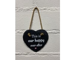 Deco leisteen met ophangkoordje - hart - This is our happy ever after - 10x10 cm - Woonaccessoires
