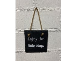 Deco leisteen met ophangkoordje - vierkant - Enjoy the little things - 10x10 cm - Woonaccessoires