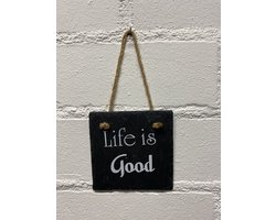 Deco leisteen met ophangkoordje - vierkant - Life is good - 10x10 cm - Woonaccessoires