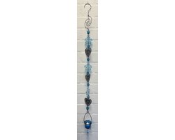 Deco theelichthouder "bloem + harten" met metalen ketting - zwarte ketting & blauwe glazen stenen - lengte 115 cm - exclusief theelicht - Woondecoratie - Theelichthouder - Woonaccessoires