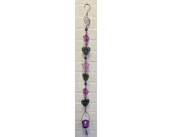 Deco theelichthouder "bloem + harten" met metalen ketting - zwarte ketting & paarse & beige glazen stenen - lengte 115 cm - exclusief theelicht - Woondecoratie - Theelichthouder - Woonaccessoires