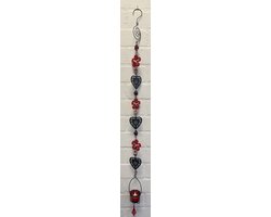 Deco theelichthouder "bloem + harten" met metalen ketting - zwarte ketting & rood + gele glazen stenen - lengte 115 cm - exclusief theelicht - Woondecoratie - Theelichthouder - Woonaccessoires