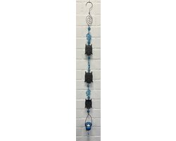 Deco theelichthouder "bloem + uilen" met metalen ketting - zwarte ketting & blauwe glazen stenen - lengte 120 cm - exclusief theelicht - Woondecoratie - Theelichthouder - Woonaccessoires