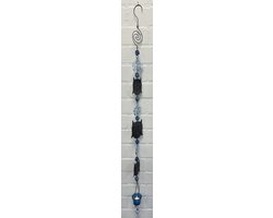 Deco theelichthouder "bloem + uilen" met metalen ketting - zwarte ketting & donker blauwe glazen stenen - lengte 120 cm - exclusief theelicht - Woondecoratie - Theelichthouder - Woonaccessoires