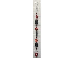 Deco theelichthouder "bloem + uilen" met metalen ketting - zwarte ketting & rode glazen stenen - lengte 120 cm - exclusief theelicht - Woondecoratie - Theelichthouder - Woonaccessoires