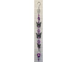 Deco theelichthouder "bloem + vlinders" met metalen ketting - zwarte ketting & paars glazen stenen - lengte 110 cm - exclusief theelicht - Woondecoratie - Theelichthouder - Woonaccessoires