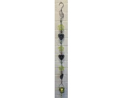 Deco theelichthouder "bloemen + hartjes" met metalen ketting - zwarte ketting & groene glazen stenen - lengte 115 cm - exclusief theelicht - Woondecoratie - Theelichthouder - Woonaccessoires