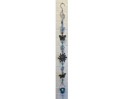 Deco theelichthouder "bloemen + vlinders en zon" met metalen ketting - zwarte ketting & blauwe glazen stenen - lengte 115 cm - exclusief theelicht - Woondecoratie - Theelichthouder - Woonaccessoires
