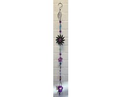 Deco theelichthouder "bloem/zon/vlinder" met metalen ketting - zwarte ketting & paars+blauwe glazen stenen - lengte 115 cm - exclusief theelicht - Woondecoratie - Theelichthouder - Woonaccessoires