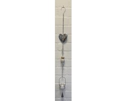 Deco theelichthouder "Hart+bloem"met metalen ketting - Keramieke uil - Zilveren ketting + wit/grijze uil - lengte 100 cm - exclusief theelicht - Woondecoratie - Theelichthouder - Woonaccessoires