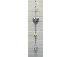 Deco theelichthouder "hart"met metalen ketting - Hart+bloem en vogel- zilveren ketting + gele vogel - lengte 105 cm - exclusief theelicht - Woondecoratie - Theelichthouder - Woonaccessoires