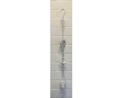 Deco theelichthouder "Hart"met metalen ketting - Keramieke vogel - White wash + wit/grijze vogel - lengte 85 cm - exclusief theelicht - Woondecoratie - Theelichthouder - Woonaccessoires