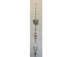 Deco theelichthouder "Hart"met metalen ketting - Opengewerkt hart + Keramieke uil - Zilveren ketting + wit/grijze uil - lengte 85 cm - exclusief theelicht - Woondecoratie - Theelichthouder - Woonaccessoires