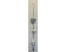 Deco theelichthouder "Hart"met metalen ketting - Opengewerkt hart + Keramieke vogel - Zilveren ketting + wit/grijze vogel - lengte 85 cm - exclusief theelicht - Woondecoratie - Theelichthouder - Woonaccessoires