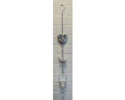 Deco theelichthouder "Hart+vlinder" met metalen ketting - Keramieke vogel - Zilveren ketting + wit/grijze vogel - lengte 85 cm - exclusief theelicht - Woondecoratie - Theelichthouder - Woonaccessoires
